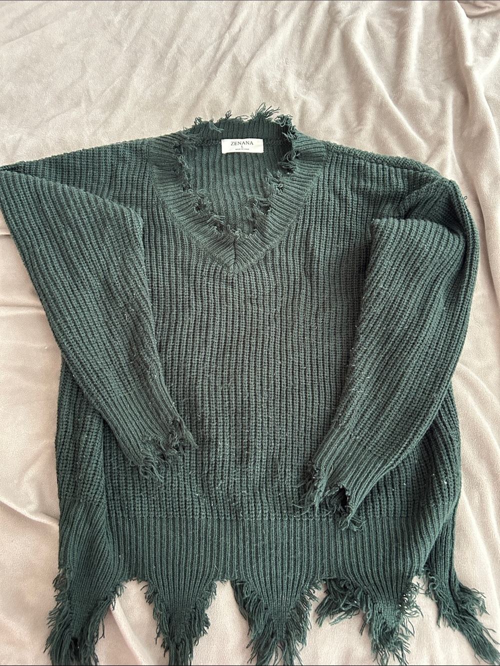 Zenana Outfitters Distressed Dark Green V‑Neck Sweater